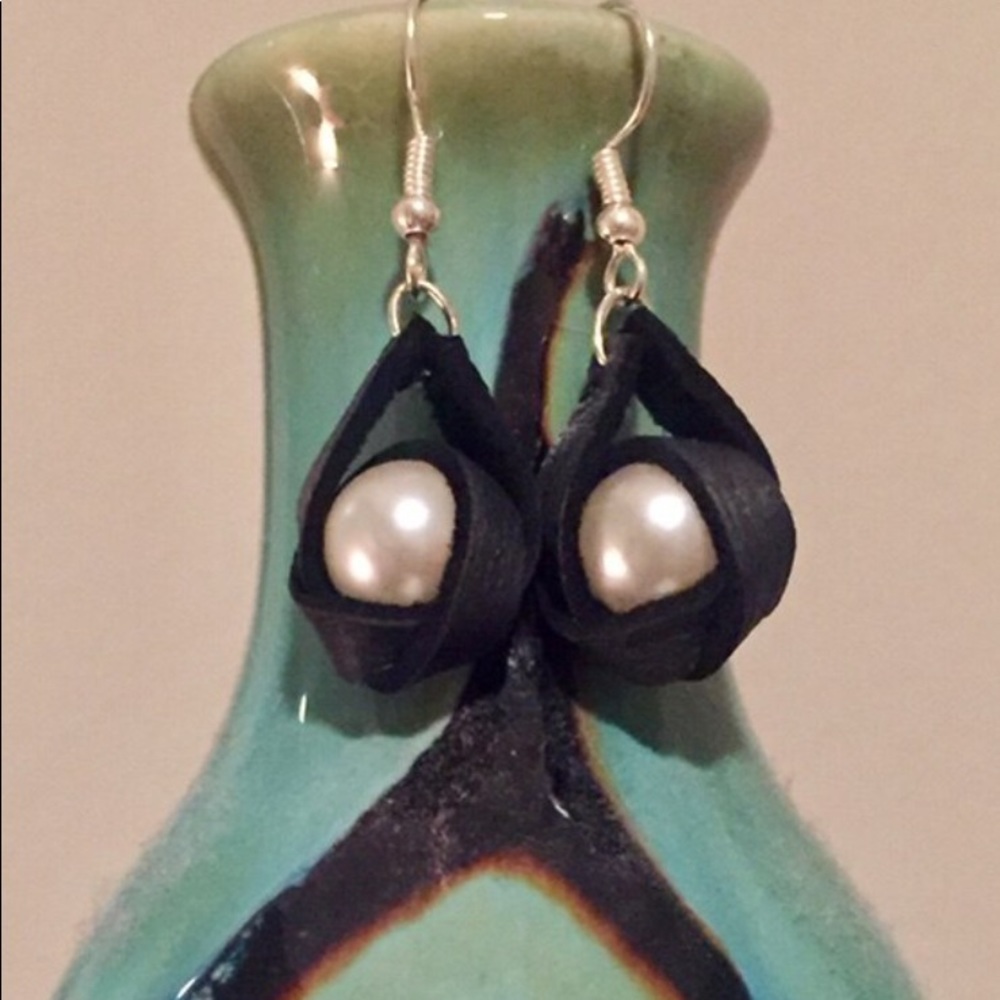 Black Leather & Pearl Earrings